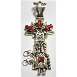 Old Pawn Coral Kachina Sterling Silver Pendant - Daniel Mike?