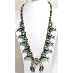 Old Pawn Turquoise Sterling Silver Squash Blossom Necklace - Angela Lee