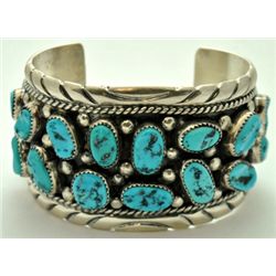 Old Pawn Turquoise Cluster Sterling Silver Cuff Bracelet - T. Benally