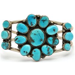 Old Pawn Turquoise Cluster Sterling Silver Bracelet