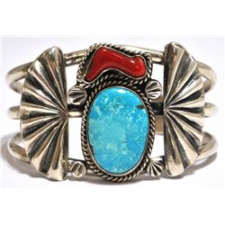 Old Pawn Coral & Turquoise Sterling Silver Cuff Bracelet - EMW