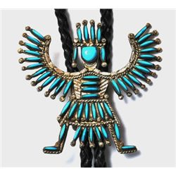 Zuni Turquoise Sterling Silver Knifewing Kachina Bolo Tie - Hugh & Agnes Bowekaty