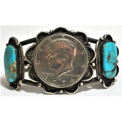 Old Pawn Turquoise & 1974 Kennedy Half Dollar Sterling Silver Cuff Bracelet
