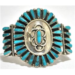 Old Pawn Turquoise Needlepoint Cluster Sterling Silver Cuff Bracelet - Tommy Lowe