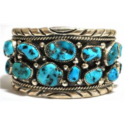 Old Pawn Turquoise Cluster Sterling Silver Cuff Bracelet - T. Benally