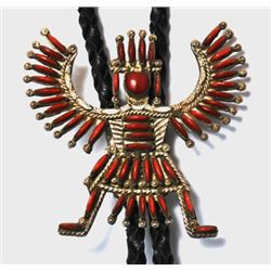 Zuni Coral Sterling Silver Knifewing Kachina Bolo Tie - Hugh & Agnes Bowekaty