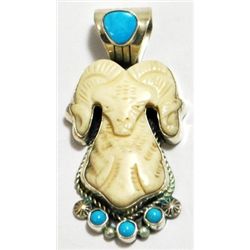 Old Pawn Turquoise & Stone Sterling Silver Ram Pendant - RB