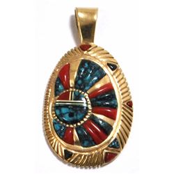Old Pawn Navajo Coral & Spider Web Turquoise Inlay 14k Gold Pendant - Ervin Hoskie