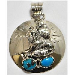 Navajo Turquoise Sterling Silver Howling & Sitting Wolf Pendant - RB