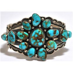 Old Pawn Navajo Mountain Turquoise Sterling Silver Cuff Bracelet - Aaron Toadlena
