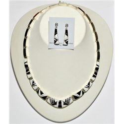 Navajo Onyx & White Buffalo Sterling Silver Necklace & Earrings Set - Calvin Begay