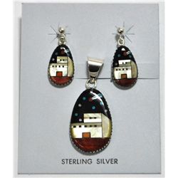 Navajo Multi-Stone Inlay Pueblo Sterling Silver Pendant & Post Earrings Set - QG