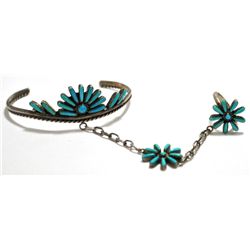 Old Pawn Turquoise Needlepoint Sterling Silver Slave Bracelet with Ring