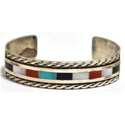 Old Pawn Multi-Stone Inlay Sterling Silver Small Cuff Bracelet
