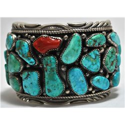 Old Pawn Turquoise Cluster & Coral Sterling Silver Cuff Bracelet - R