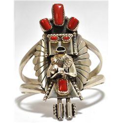 Old Pawn Coral Sterling Silver Kachina Cuff Bracelet - D. Singer?