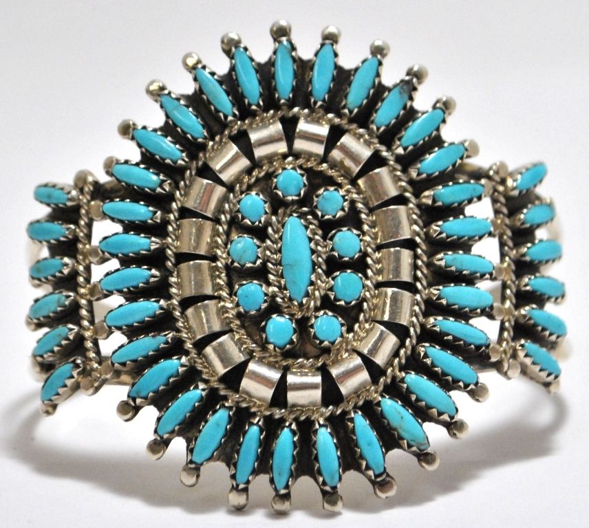 Old Pawn Zuni Turquoise Needlepoint Sterling Silver Cuff Bracelet - N ...