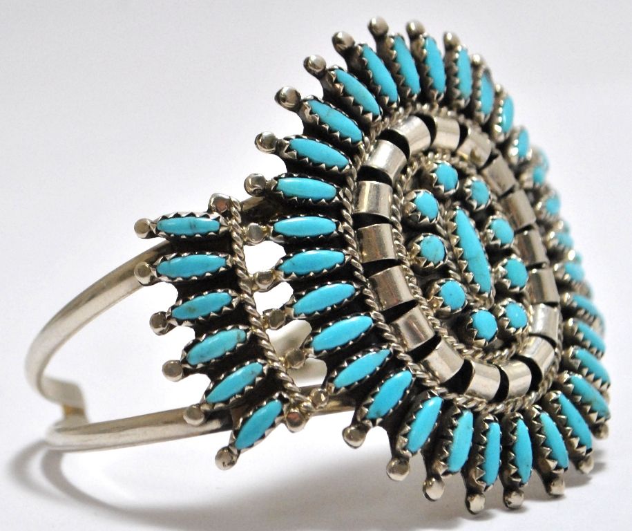 Old Pawn Zuni Turquoise Needlepoint Sterling Silver Cuff Bracelet - N