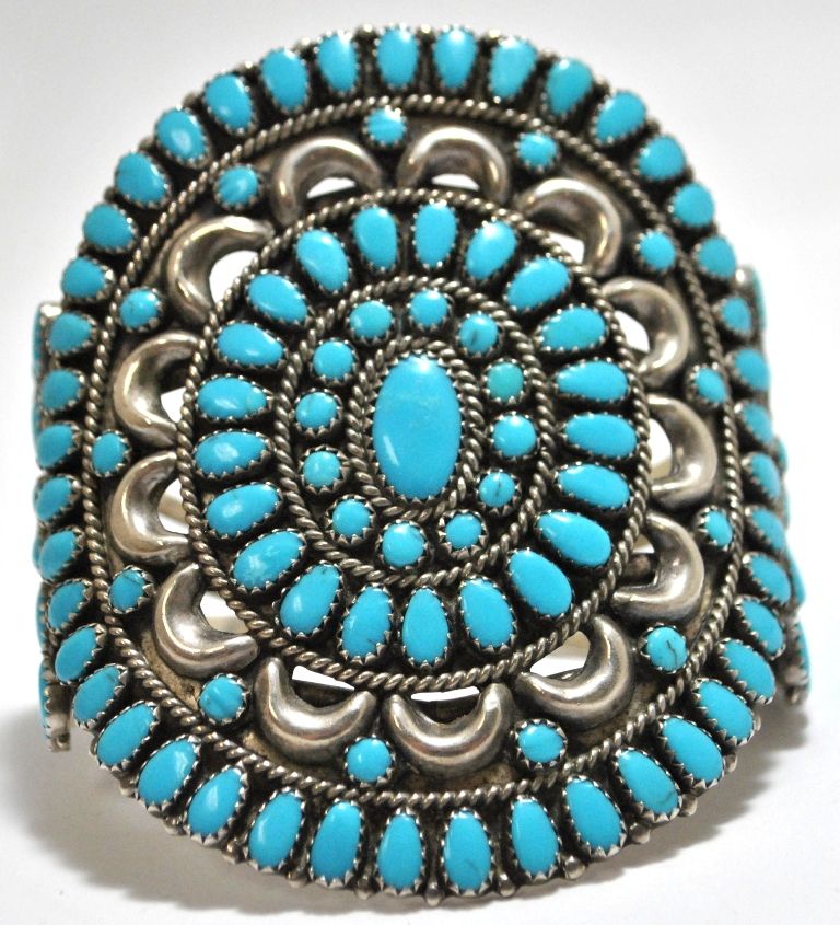 Old Pawn Navajo Turquoise Cluster Sterling Silver Cuff Bracelet - Larry ...