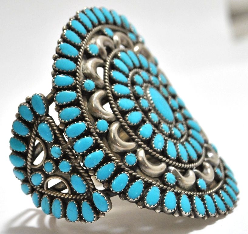 Old Pawn Navajo Turquoise Cluster Sterling Silver Cuff Bracelet - Larry ...
