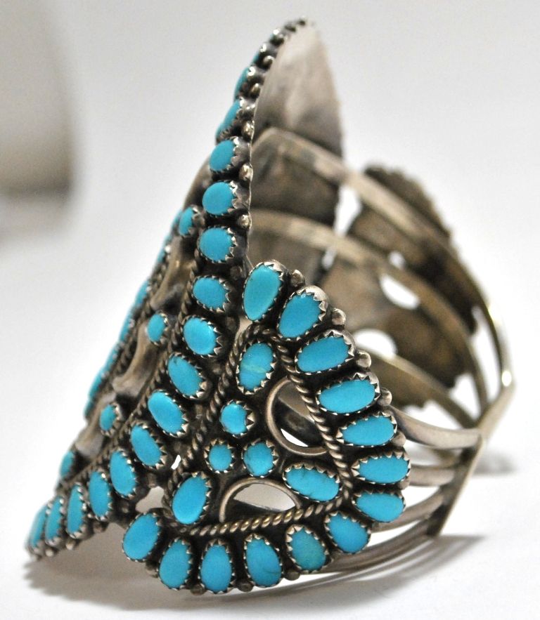 Old Pawn Navajo Turquoise Cluster Sterling Silver Cuff Bracelet - Larry ...