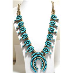 Old Pawn Turquoise Petit Point Squash Blossom Sterling Silver Necklace - B