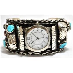 Old Pawn Coral, Turqouise & Bear Claw Sterling Silver Cuff Bracelet Men's Watch - ES