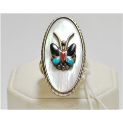 Old Pawn Multi-Stone Inlay Butterfly Sterling Silver Women's Ring - IJT