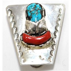 Old Pawn Coral & Turquoise Sterling Silver Bolo Tie without Strap