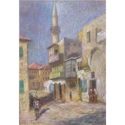 Lot 115_: Middle Eastern Colored Chalk of Urban Scene, Ca. 1960