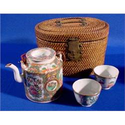 Lot 134_: Rose Medallion Tea Set in Wicker Case, Late 19th C.