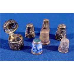 Lot 267_: Collection of Gold, Silver and Enameled Thimbles with Sterling Thimble Case