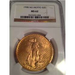 1908 $20 GOLD SAINT-GAUDENS NO MOTTO NGC MS-62