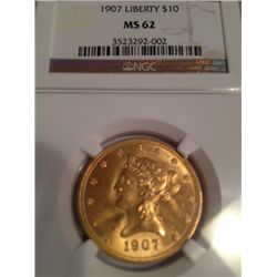 1907 $10 GOLD LIBERTY, NGC MS-62