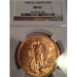 1908 $20 GOLD SAINT-GAUDENS NO MOTTO NGC MS-63