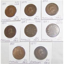 (8X$) EARLY PORTUGUESE 20 REIS COINS.