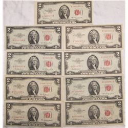 (9X$) $2 U.S NOTES. AU-UNC CONDITION. SERIES 1953 RED SEAL.