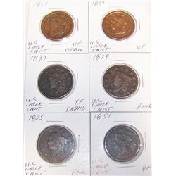 (6X$) U.S LARGE CENTS. 1825-1851. FINE-EXTRA FINE CONDITION.