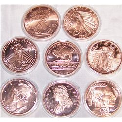 (8X$) GORGEOUS U.S OLD MINT REPLICAS IN .999 COPPER ONE OZ. COINS.