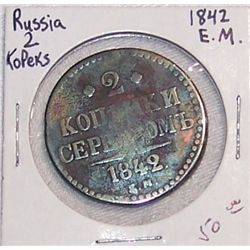 VERY RARE 1842 RUSSIAN 2 KOPEC COIN (Book Value $50)