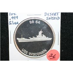 Desert Shield-Saudi Arabia Silver Round, BB64 USS Wisconsin; .999 Fine Silver 1 Oz.