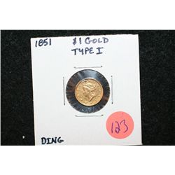 1851 Liberty $1 Gold Coin, Type I, Ding