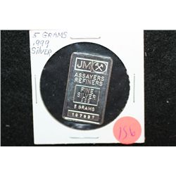 JM Assayers Refiners Silver Ingot, .999 Silver 5 Grams