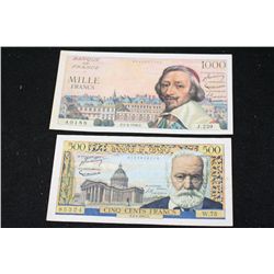 1955 France Cinq (500) Cents Francs & 1956 France Mille (1,000) Francs Foreign Bank Note, Lot of 2