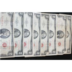 United States Note $2, Red Seal, Lot of 10 Dated 1953-C thru 1963