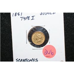 1851 Liberty $1 Gold Coin, Type I, Scratches