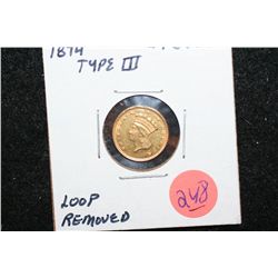 1874 Indian Princess $1 Gold Coin, Type III, Loop Removed