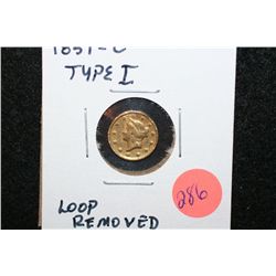 1851-C Liberty $1 Gold Coin, Type I, Loop Removed