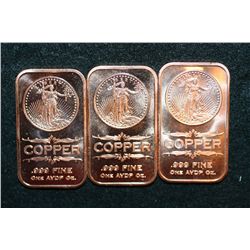 2012 Copper Ingot, .999 Fine 1 Oz., Lot of 3