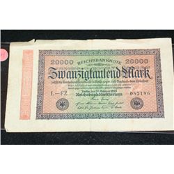 1923 German 20,000 Zwanzigfaulend Mark Foreign Bank Note